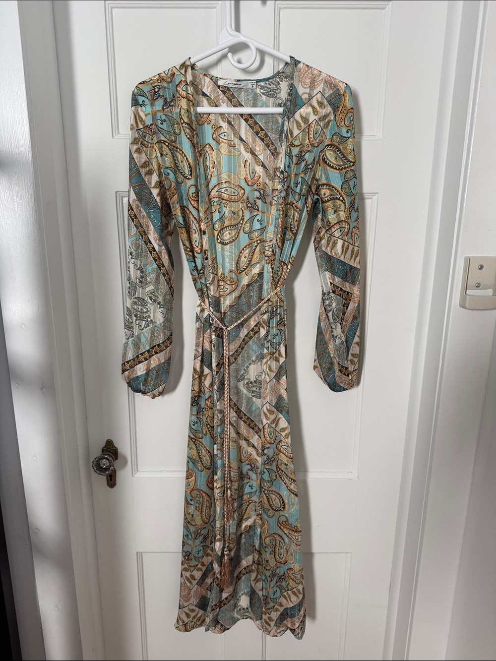 Corraine Paisley Wrap in Aqua and Tan